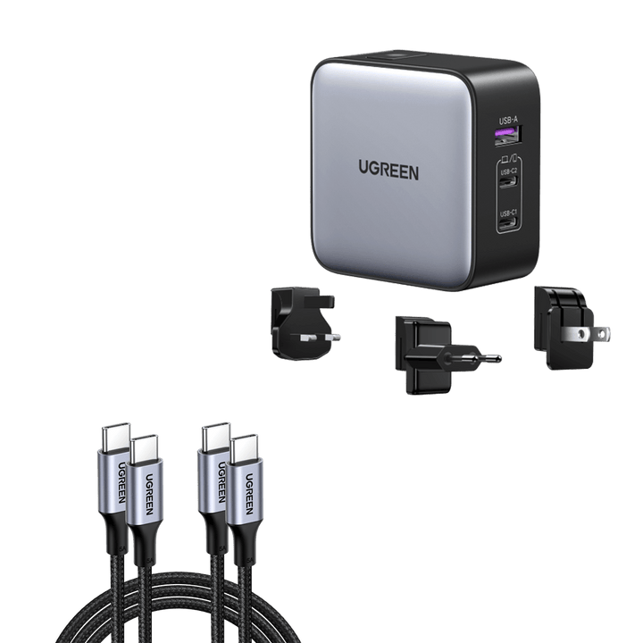UGREEN 65W iPhone charger with a sleek design in silver and black, featuring multiple ports. Accompanied by three interchangeable plug adapters and four UGREEN USB-C cables with braided cords.