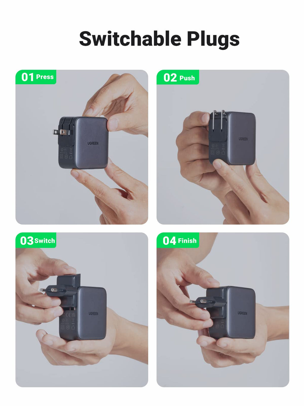 An instructional guide on switchable plugs for a UGREEN charger. It shows four steps: 01 Press, 02 Push, 03 Switch, and 04 Finish, demonstrating how to change the plug type on the charger.