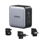 UGREEN 65W iphone charger with a sleek gray and black design, featuring a USB-A port and two USB-C ports (USB-C1 and USB-C2). Accompanied by three different types of plug adapters for international use.