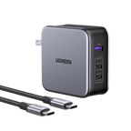 UGREEN  140W iPhone charger with a sleek design in gray, featuring multiple ports including USB-A, USB-C1 with PD 140W, and USB-C2 with PD 100W. Accompanied by two USB-C cables with metallic connectors.