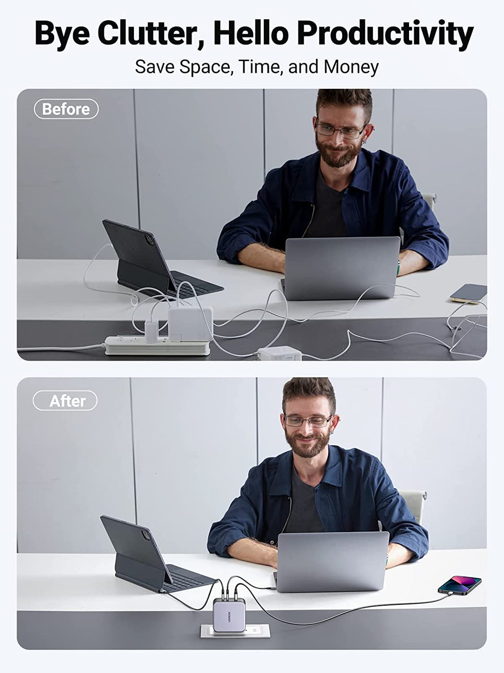 Before and after comparison showing a cluttered workspace with multiple chargers and wires (Before), and a tidy workspace with a single UGREEN iphone charger powering multiple devices (After)