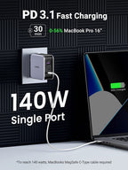  UGREEN charger featuring PD 3.1 Fast Charging, capable of charging a MacBook Pro 16” from 0 to 56% in 30 minutes with a 140W single port. Note mentions a MacBooks MagSafe C-Type cable is required to reach 140 watts.