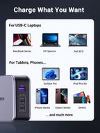 The UGREEN 140W iPhone Charger charges USB-C laptops such as the MacBook series, HP Spectre and Dell XPS, as well as tablets and phones such as the Surface Pro, iPad Pro/Air, iPhone series, Galaxy series and Switch.