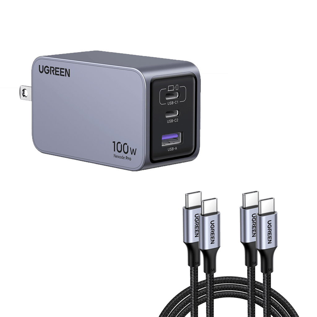 UGREEN 100w Nexode Pro iphone charger in silver with multiple ports (USB-C1, USB-C2, USB-A) and four UGREEN USB-C cables with braided cords.