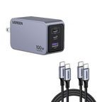 UGREEN 100w Nexode Pro iphone charger in silver with multiple ports (USB-C1, USB-C2, USB-A) and four UGREEN USB-C cables with braided cords.