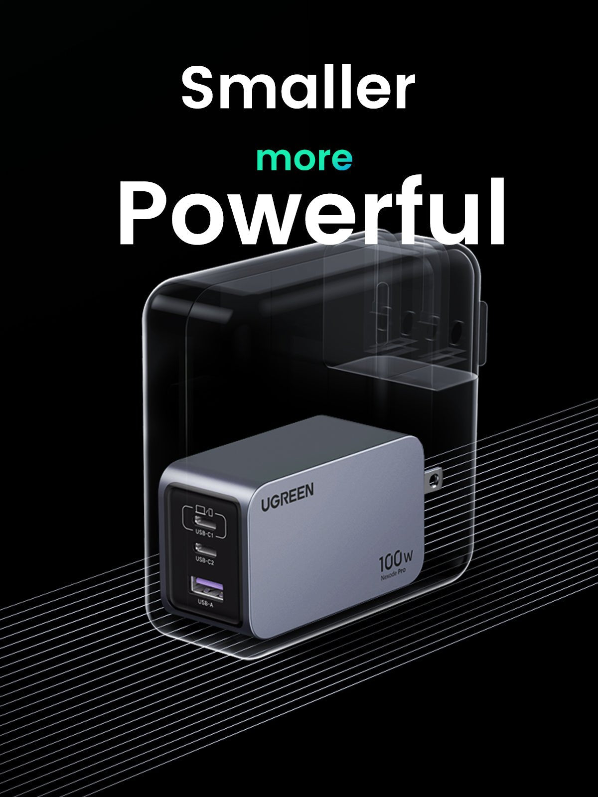 UGREEN 100W iphone charger highlighting its compact size and powerful performance. The charger, labeled 100w Nexode Pro, features multiple ports (USB-C1, USB-C2, USB-A) and is presented in a sleek gray design.