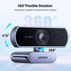 UGREEN Webcam, 1080P@30FPS Web Camera with 2 Noise Canceling Microphones, Plug and Play, Auto Light Correction, 85° View USB Video Webcam